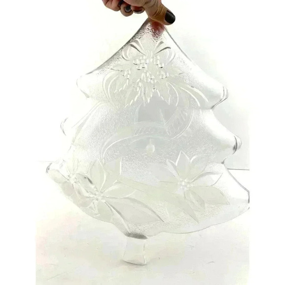 VTG Crystal 13" Christmas Tree Poinsettia Serving Platter Home Decor Mervyn's - Picture 5 of 9